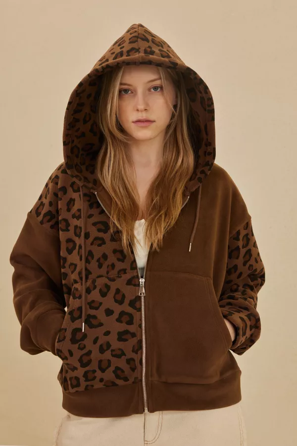 wholesale clothing zip up hooded sweatshirt with leopard print mello
