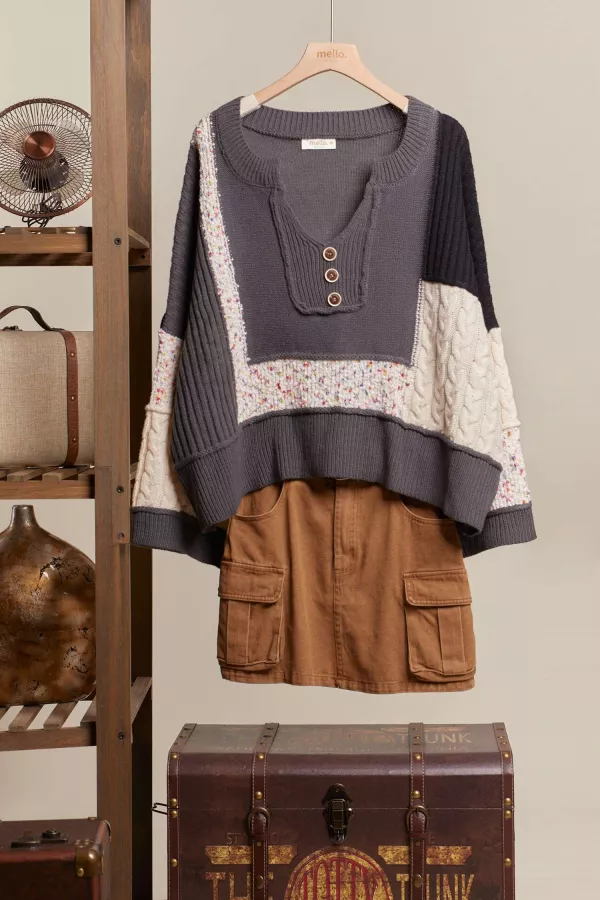wholesale clothing multi fabric color block lace sweater mello