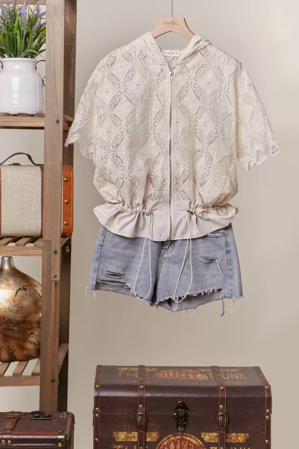 Zip Up Laced Short Sleeve Top with Hoodie