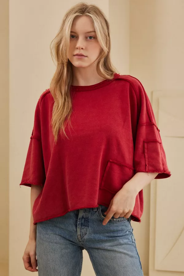wholesale clothing oversize garment dyed cropped top with raw hem mello