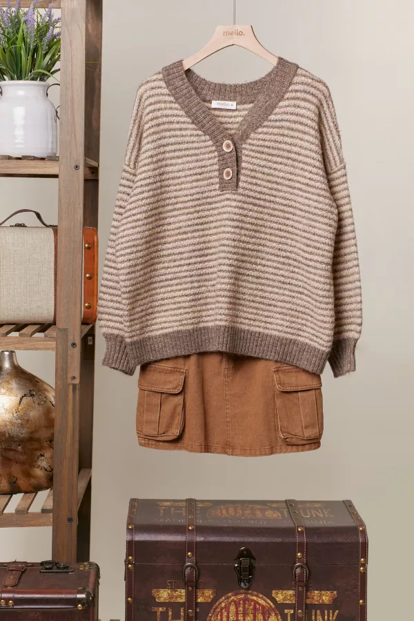 wholesale clothing button trim v neck stripe sweater mello