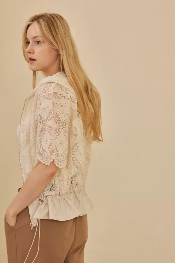 Zip Up Laced Short Sleeve Top with Hoodie