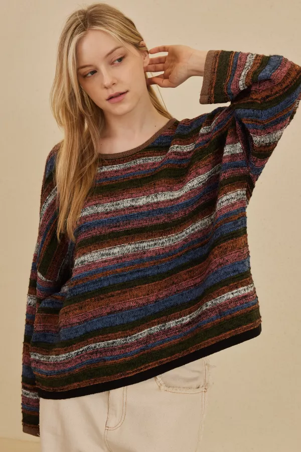 wholesale clothing u neck multi stripe sweater mello