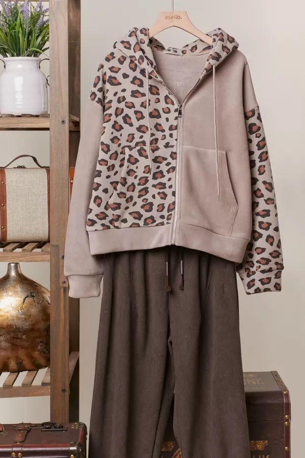 Zip Up hooded Sweatshirt with Leopard Print