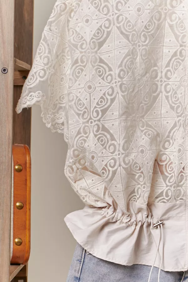 Zip Up Laced Short Sleeve Top with Hoodie