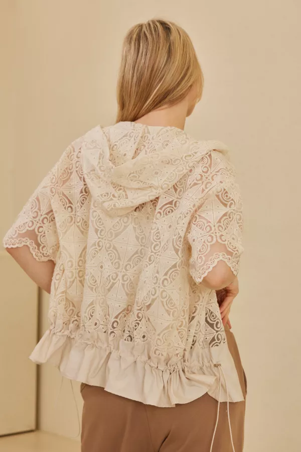 Zip Up Laced Short Sleeve Top with Hoodie