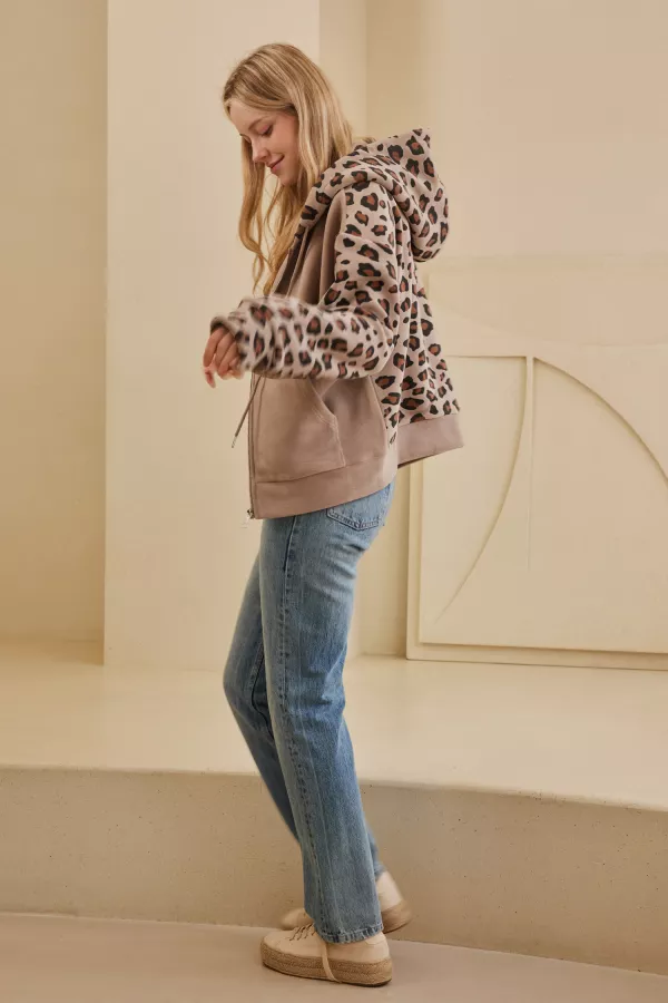Zip Up hooded Sweatshirt with Leopard Print