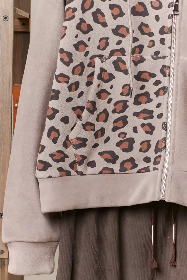 Zip Up hooded Sweatshirt with Leopard Print