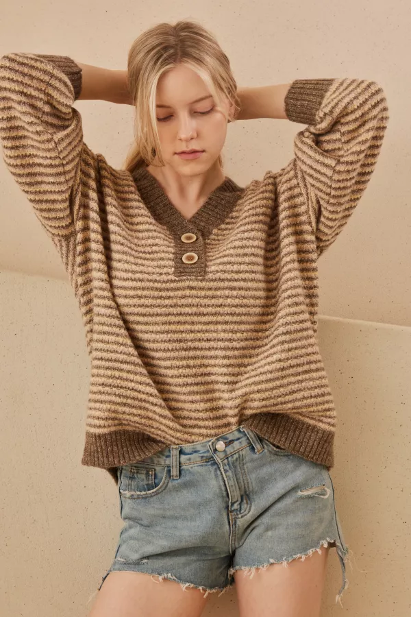 wholesale clothing button trim v neck stripe sweater mello