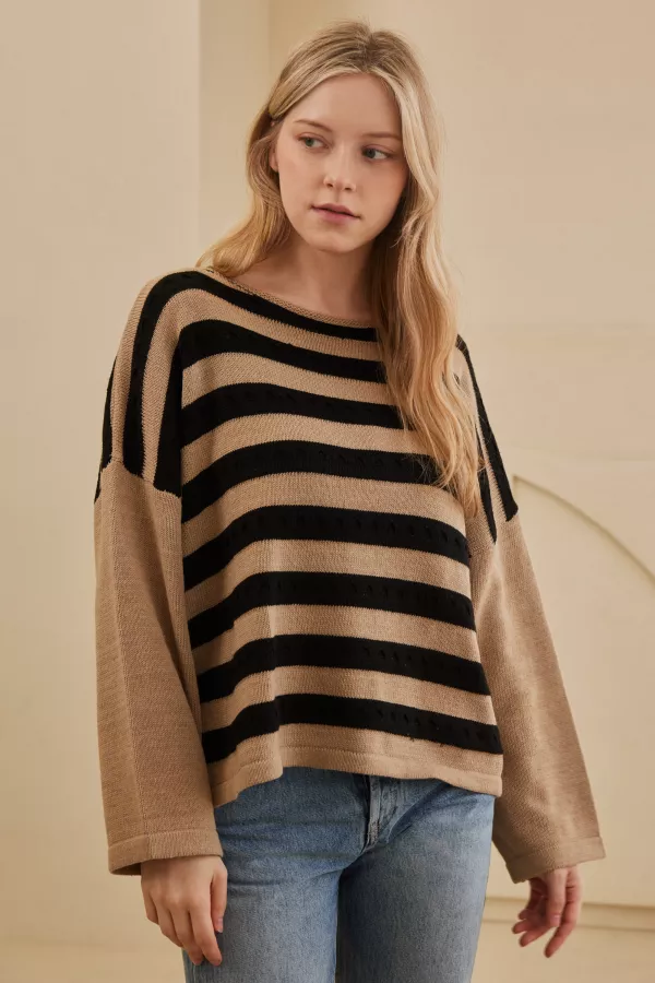 wholesale clothing stripe sweater with color block sleeves mello