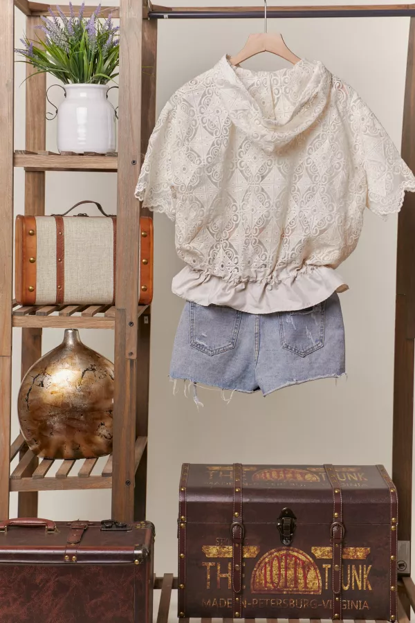 Zip Up Laced Short Sleeve Top with Hoodie