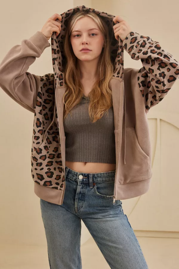Zip Up hooded Sweatshirt with Leopard Print