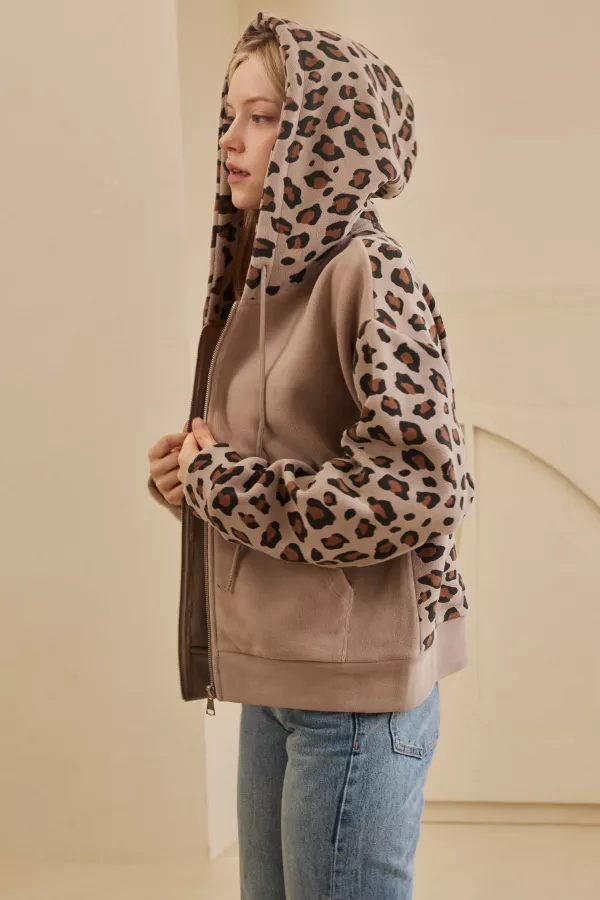 Zip Up hooded Sweatshirt with Leopard Print