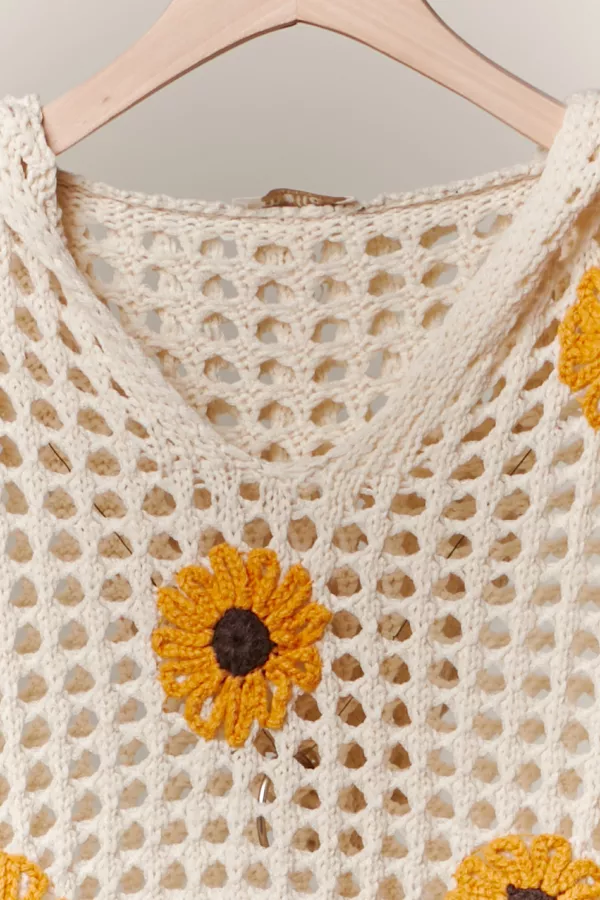 Sunflower Patched Crochet Sweater with Fringes