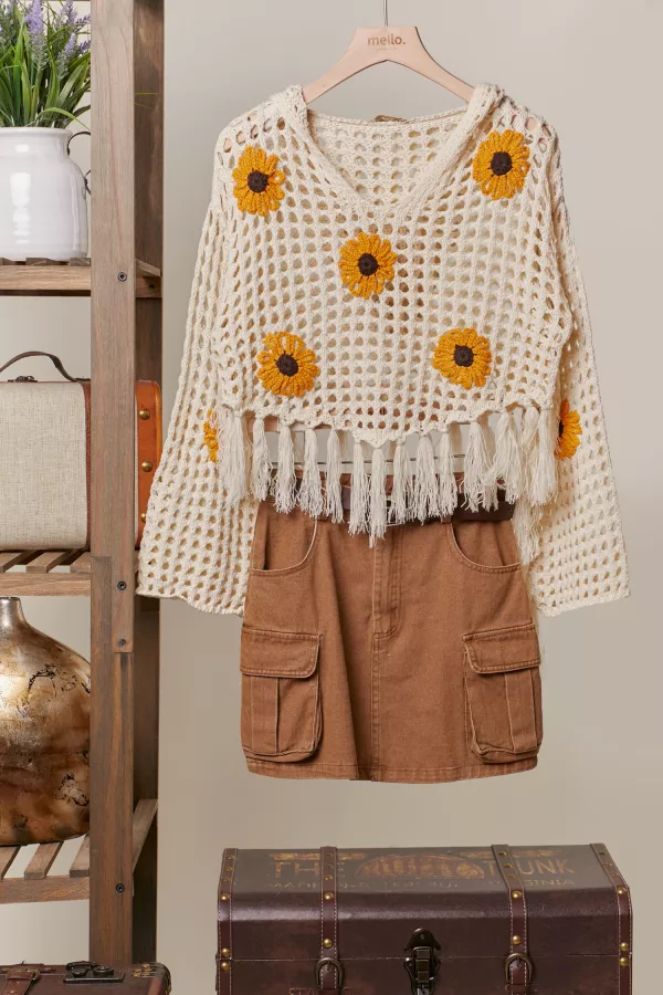 wholesale clothing sunflower patched crochet sweater with fringes mello