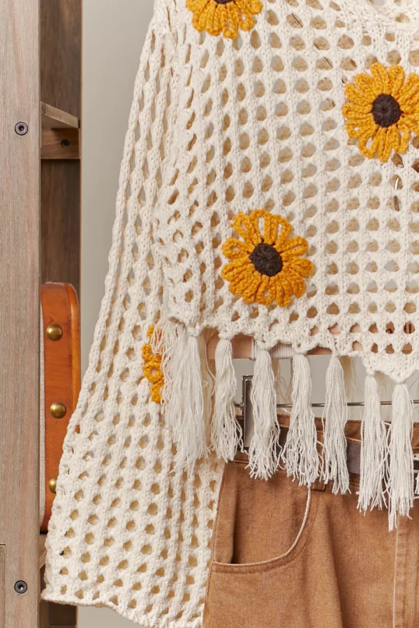 Sunflower Patched Crochet Sweater with Fringes
