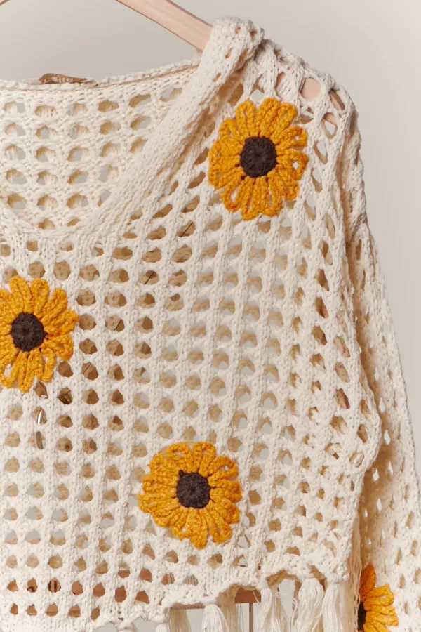 Sunflower Patched Crochet Sweater with Fringes