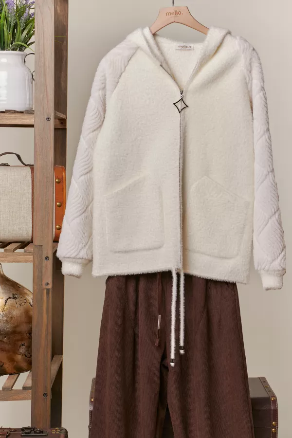 wholesale clothing furry zip up hoodie with pattern sleeve mello