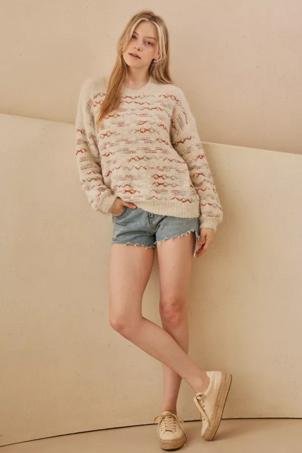 Round Neck Multi Overstitch Detailed Sweater