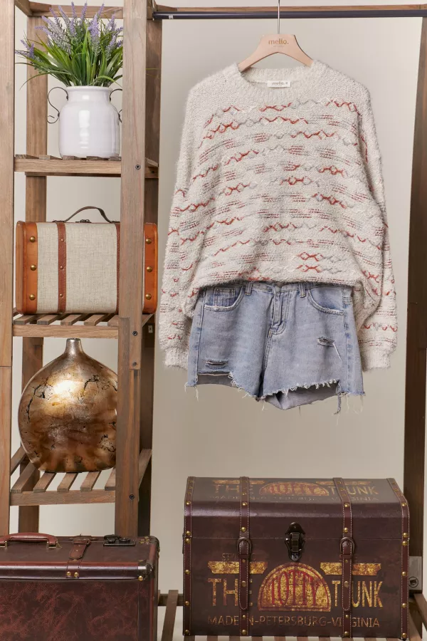 Round Neck Multi Overstitch Detailed Sweater