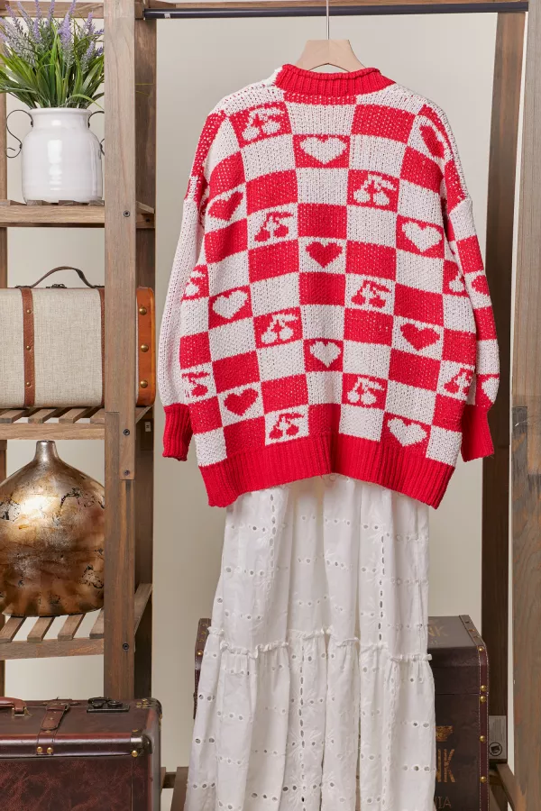 Checkered Cardigan with Embroidery Detail