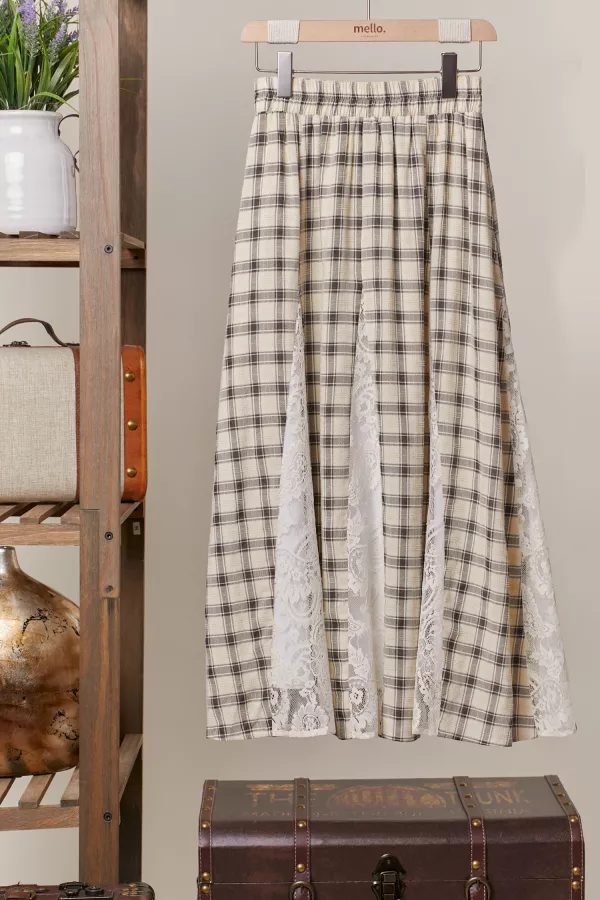 wholesale clothing elastic waist plaid maxi skirt with lace trim mello