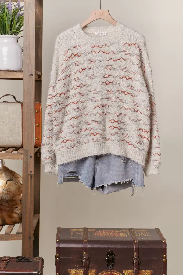 Round Neck Multi Overstitch Detailed Sweater