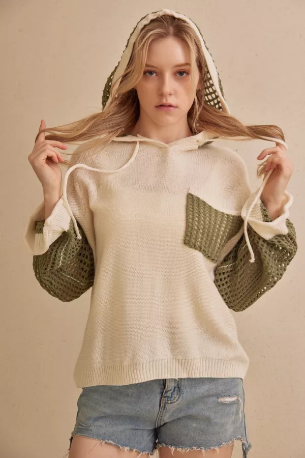 wholesale clothing hooded sweater with crochet sleeves and pocket mello