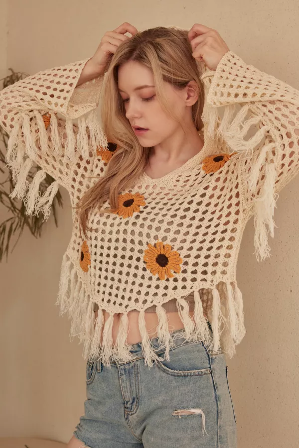 wholesale clothing sunflower patched crochet sweater with fringes mello