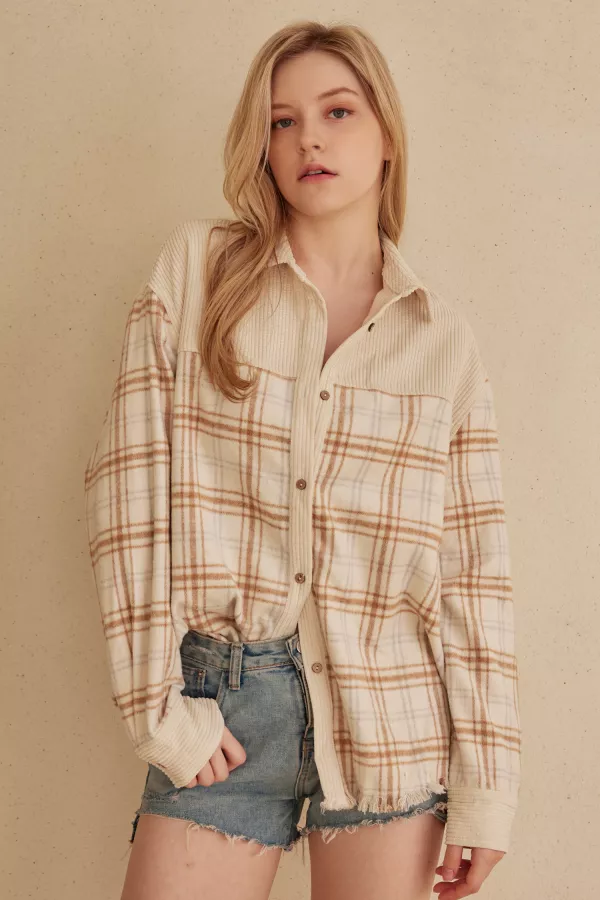 wholesale clothing color block corduroy and plaid shirt with raw hem mello