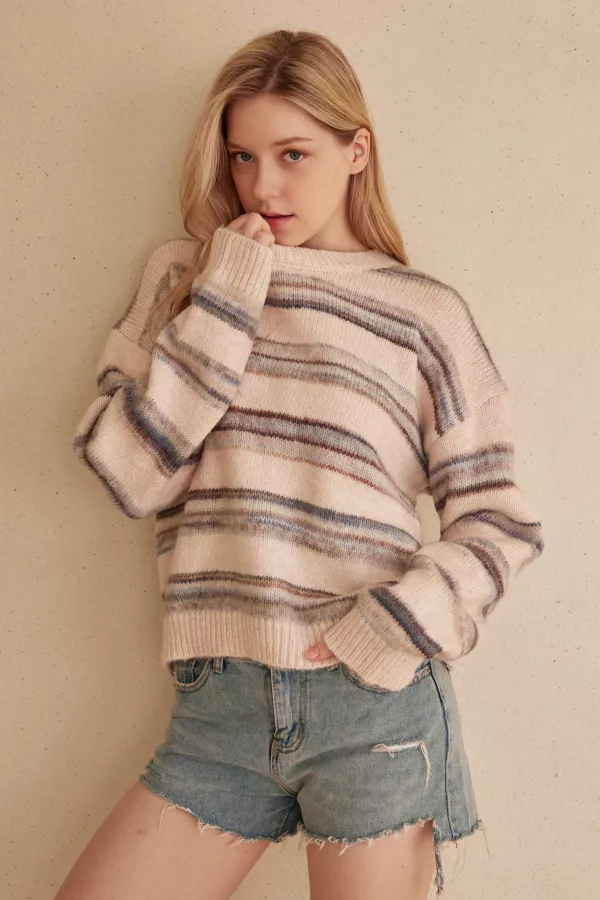 wholesale clothing round neck multi stripe sweater mello