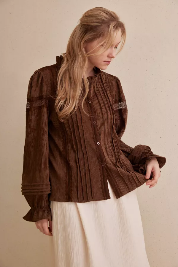 wholesale clothing vintage-inspired brown textured blouse mello