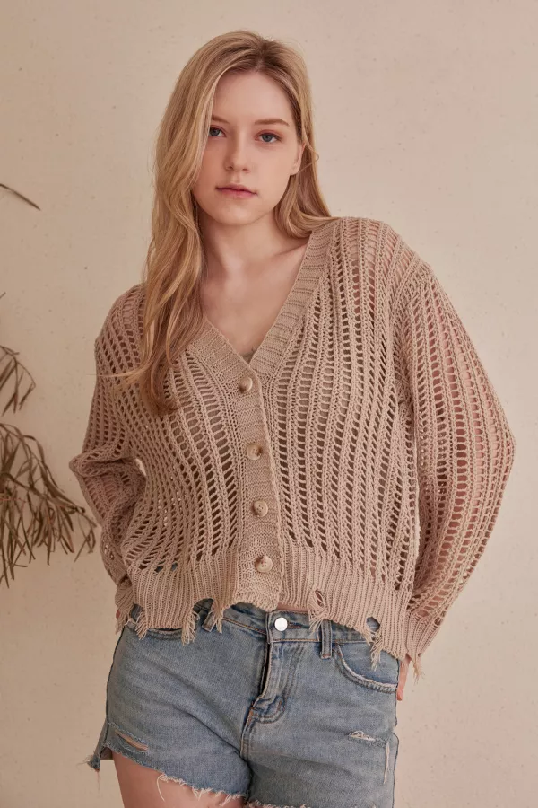 wholesale clothing natural crochet knit button-up cardigan mello