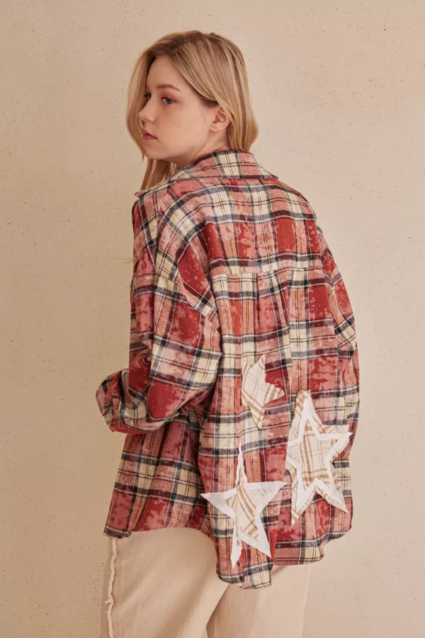 wholesale clothing oversized plaid shirt with star patches mello