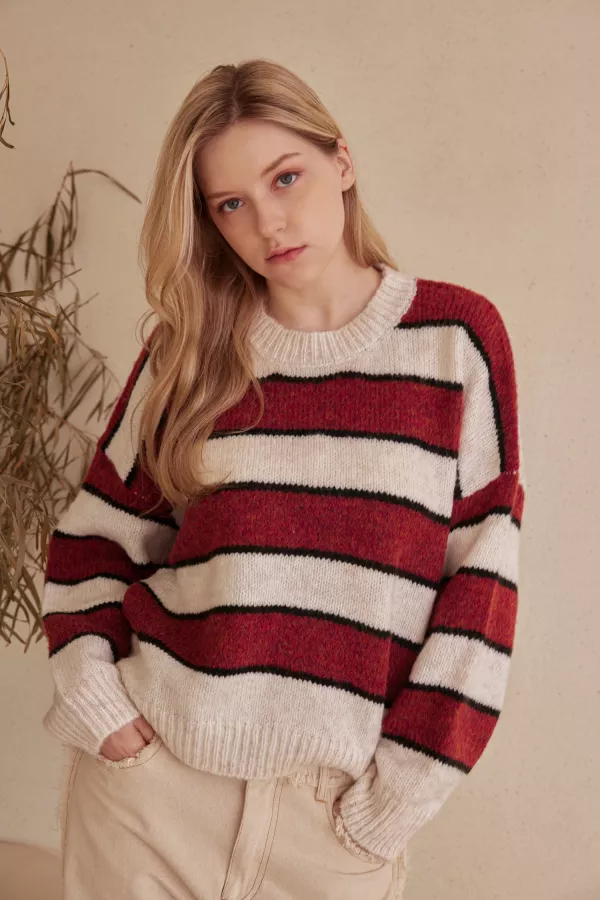 wholesale clothing striped horizontal bands slightly fuzzy sweater mello