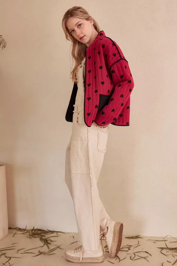 Heart Patterned Open Front Quilted Jacket