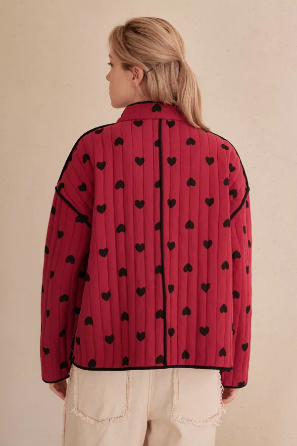 Heart Patterned Open Front Quilted Jacket