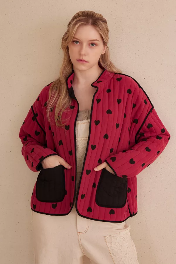 Heart Patterned Open Front Quilted Jacket