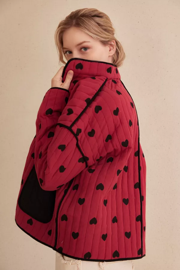 Heart Patterned Open Front Quilted Jacket