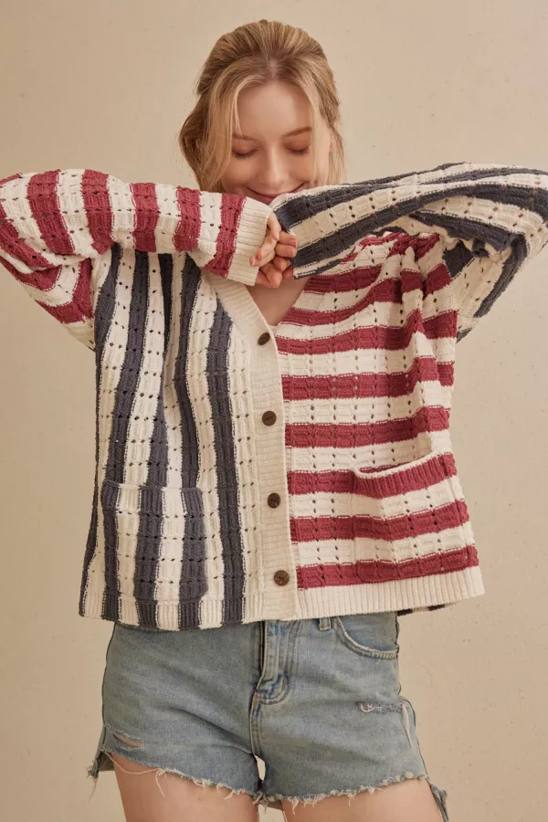 wholesale clothing color block multi stripe cardigan mello