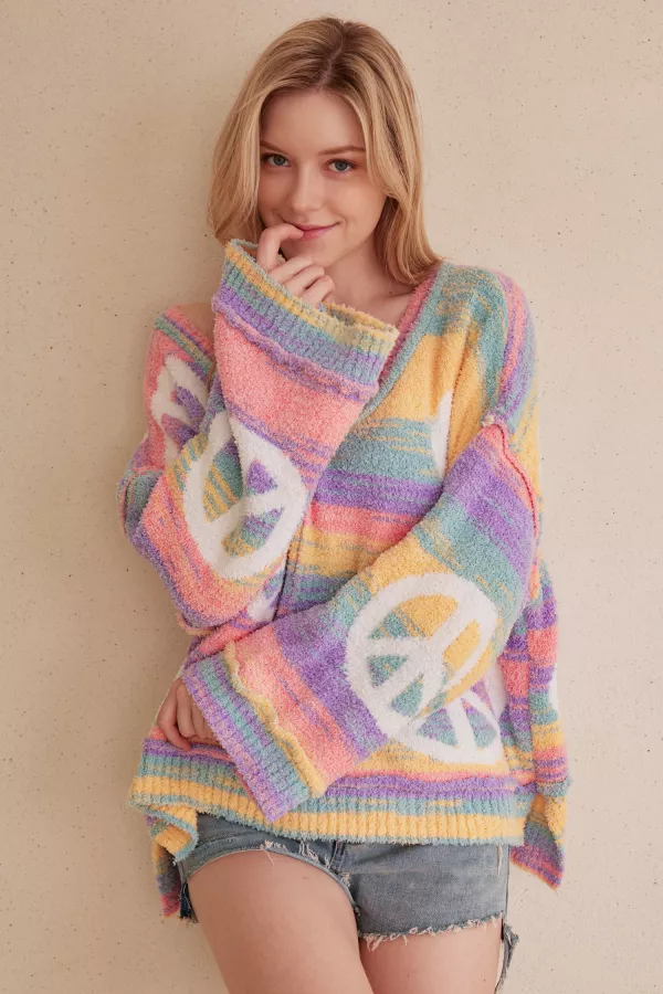 wholesale clothing rainbow striped v neck sweater with peace prints mello