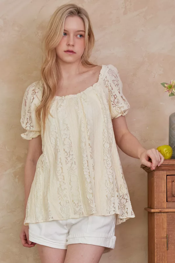 wholesale clothing floral lace off shoulder short sleeve top mello