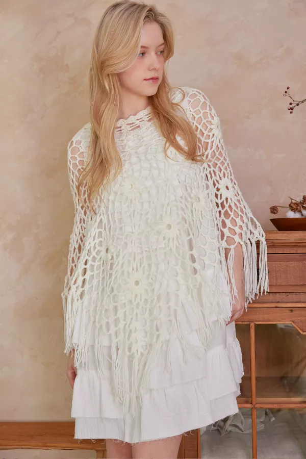 wholesale clothing sunflower crochet poncho with fringes mello