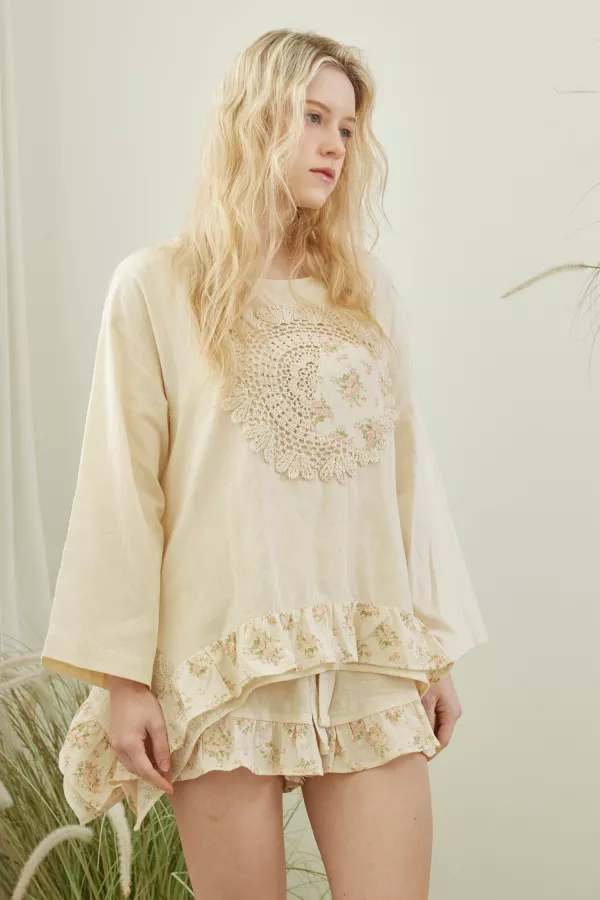 Boho Frilled Floral Crochet Patchwork Top
