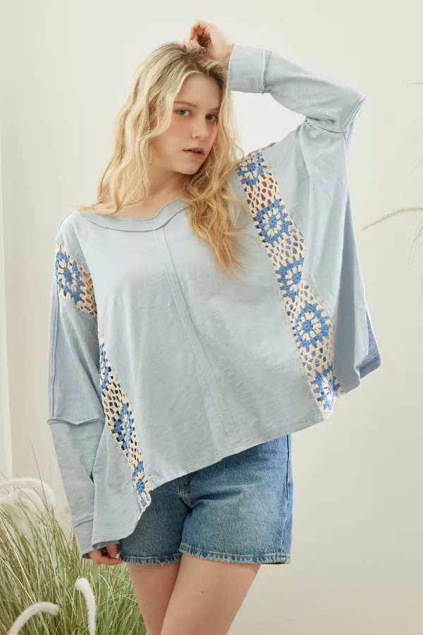 wholesale clothing oversized top with crochet panels mello