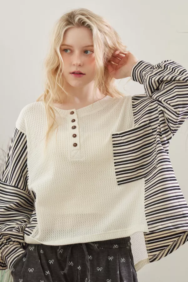 wholesale clothing mixed stripe waffle long sleeve top (2color) mello