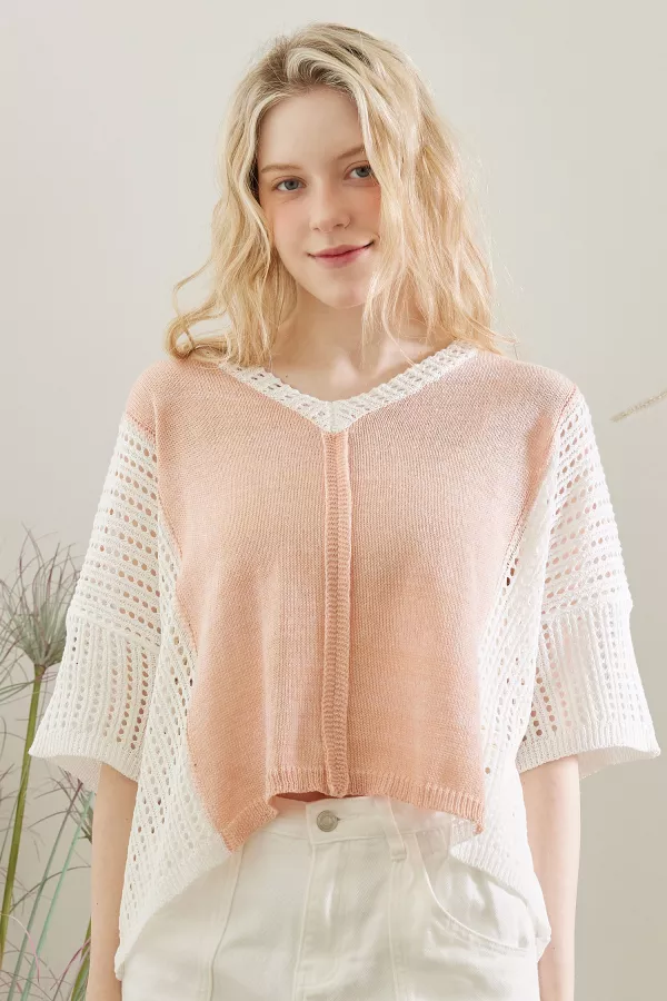 wholesale clothing v neck crochet knit top mello