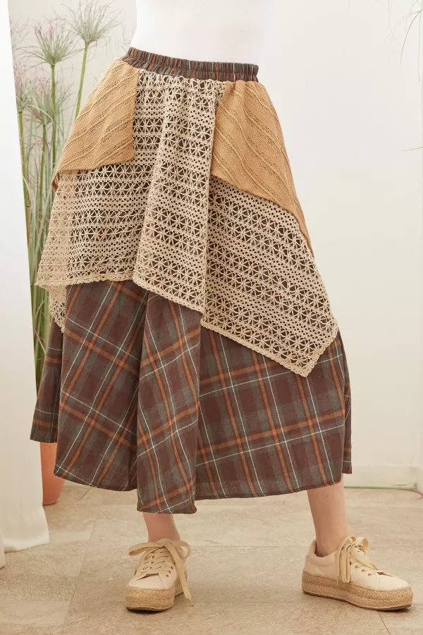 wholesale clothing boho elastic waist plaid maxi skirt with lace mello