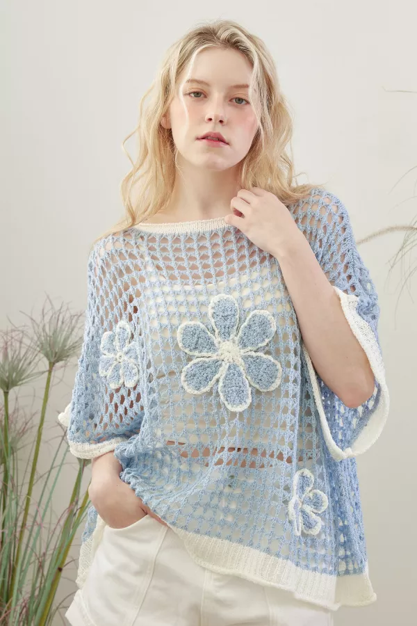 wholesale clothing contrast crochet 3/4 sleeve knit top with daisy mello