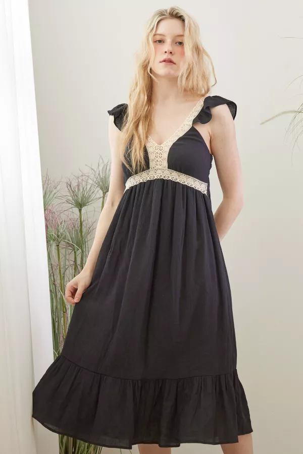 wholesale clothing ruffle sleeveless midi dress with lace detail mello